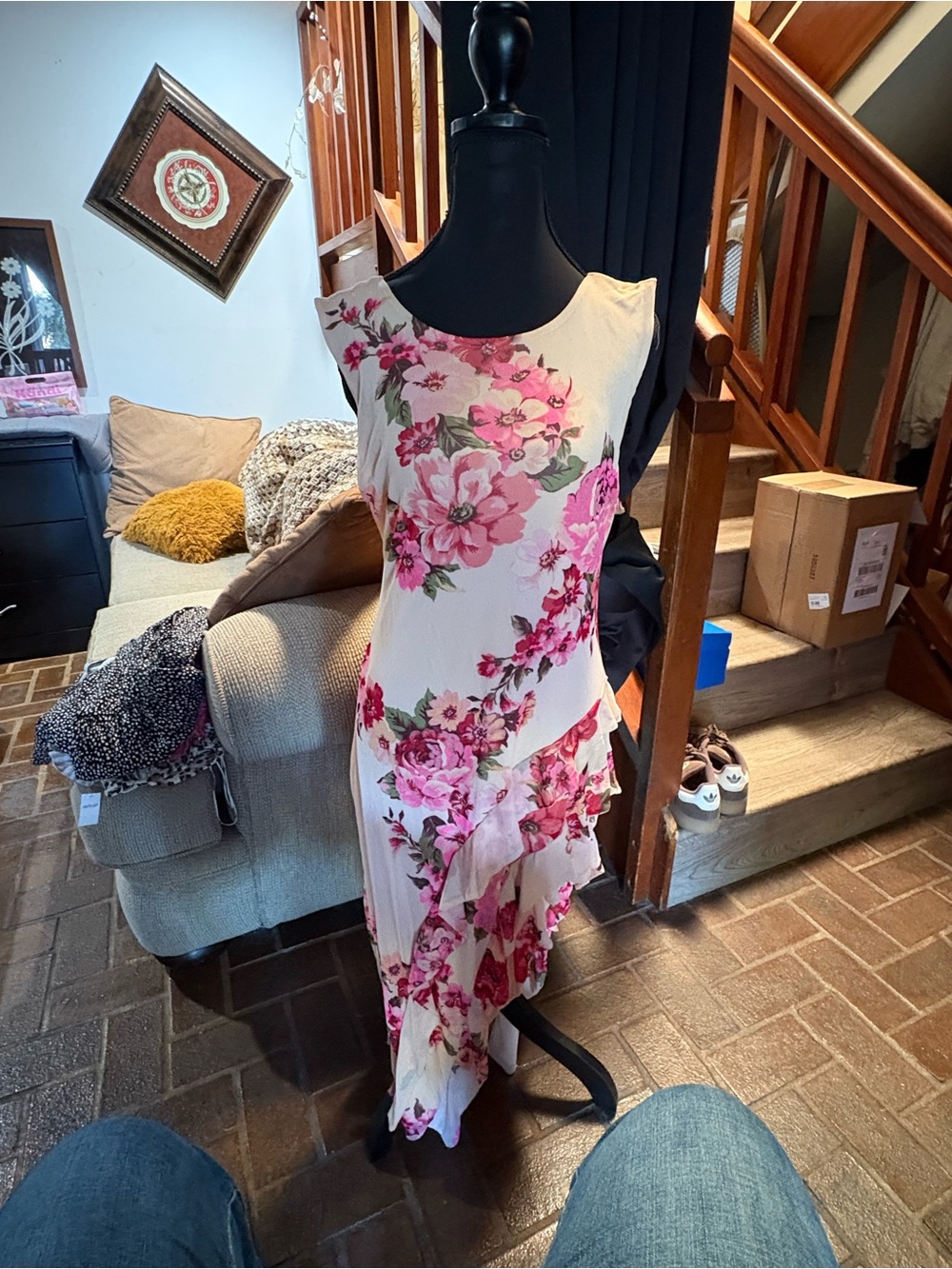 Tinsel Cream Maxi Dress with Pink Floral Print